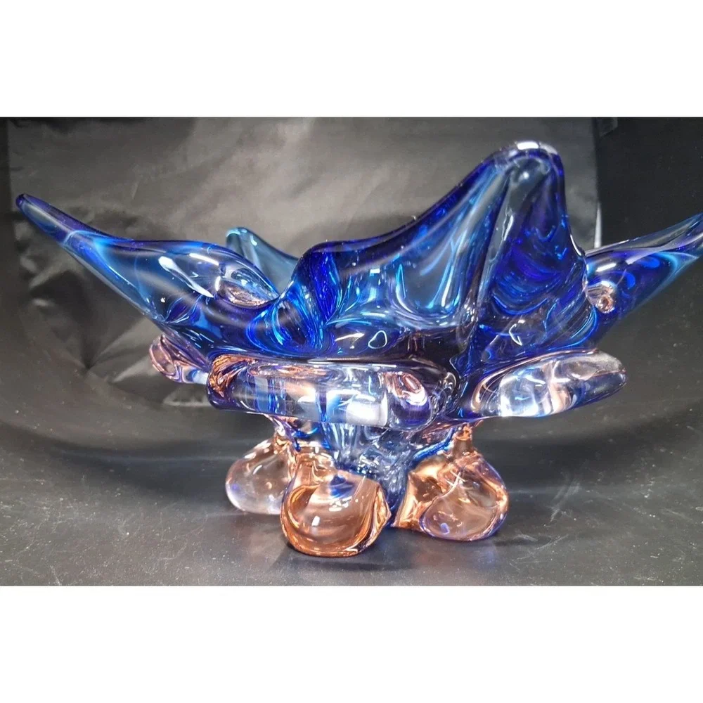 Vintage Murano Sommerso Art Glass Candle Holder, Blue, Clear with Pink Tint